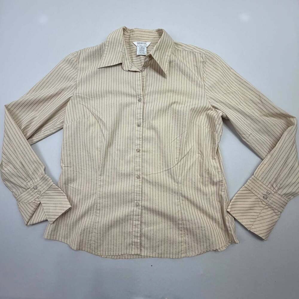 George Stretch Women's Beige Pinstripe Long Sleeve Button-Down Blouse Size XL